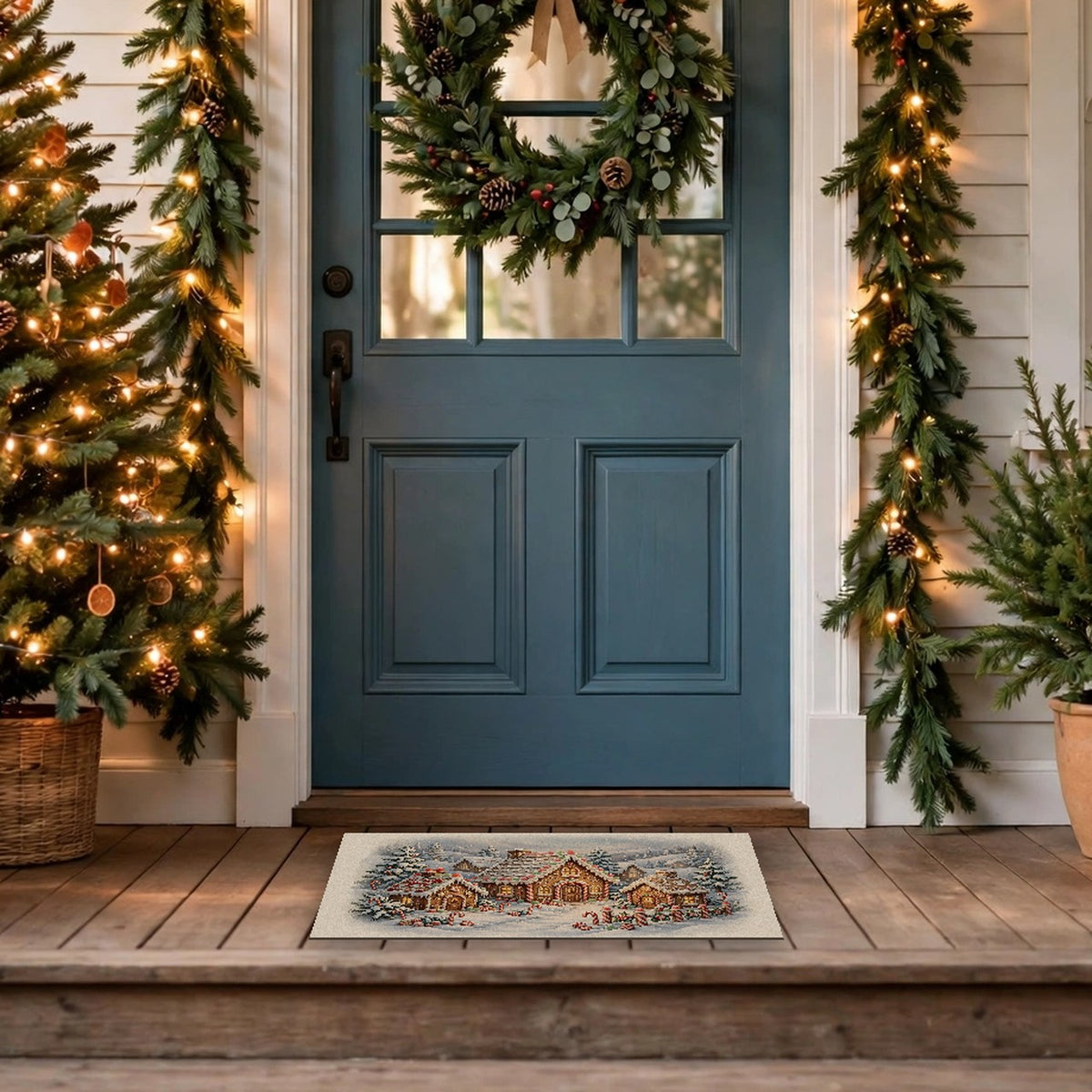 Gingerbread Village Doormat at a front door