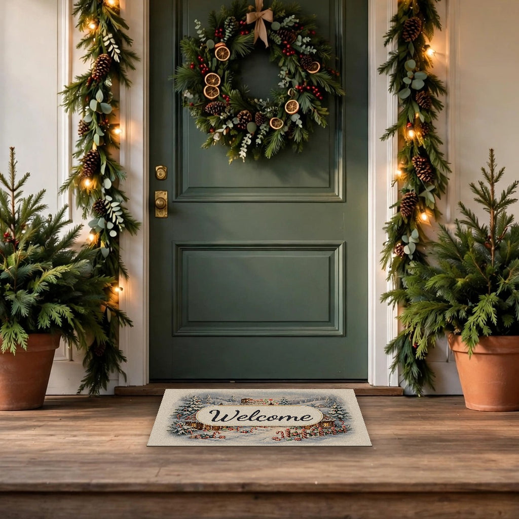 Gingerbread Village Welcome Doormat at a front door