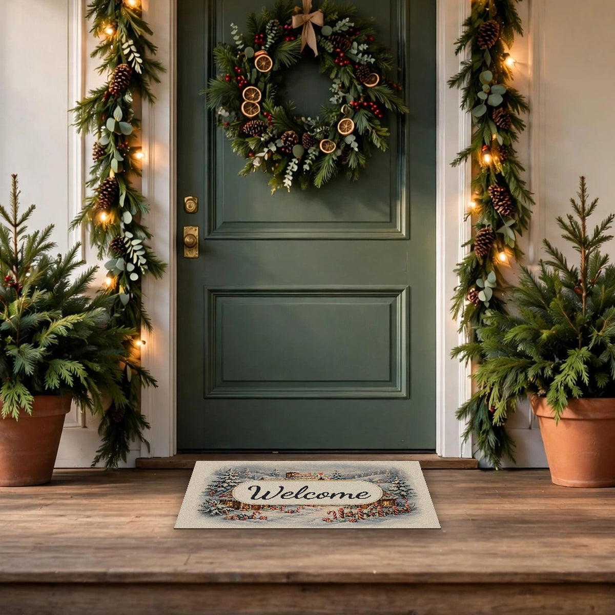 Gingerbread Village Welcome Doormat at a front door