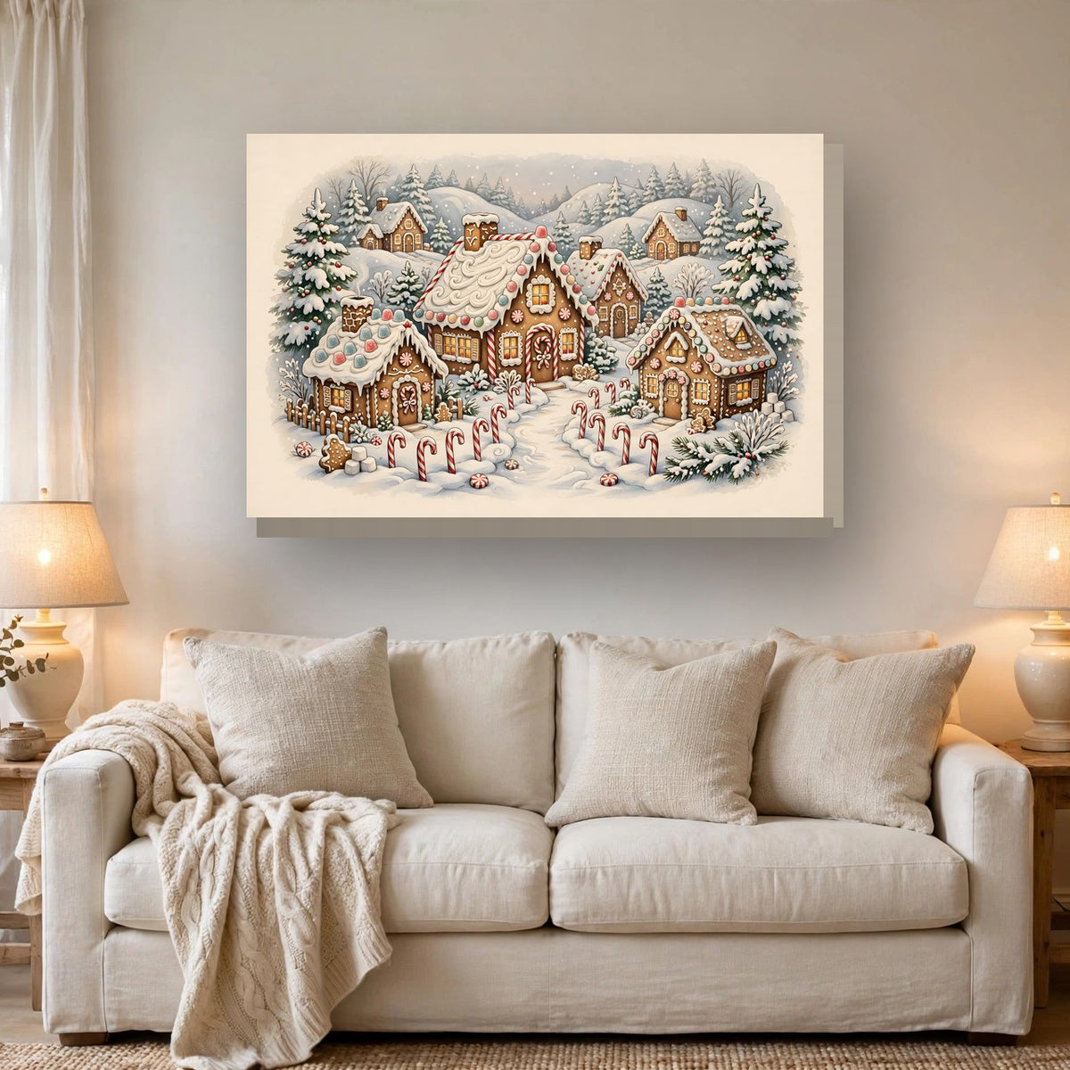 Gingerbread Village Canvas Wall Art – Style 2 hanging above a sofa