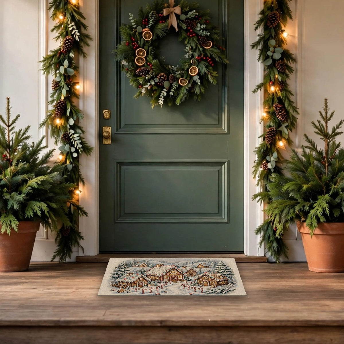 Gingerbread Village Doormat – Style 2 at a front door