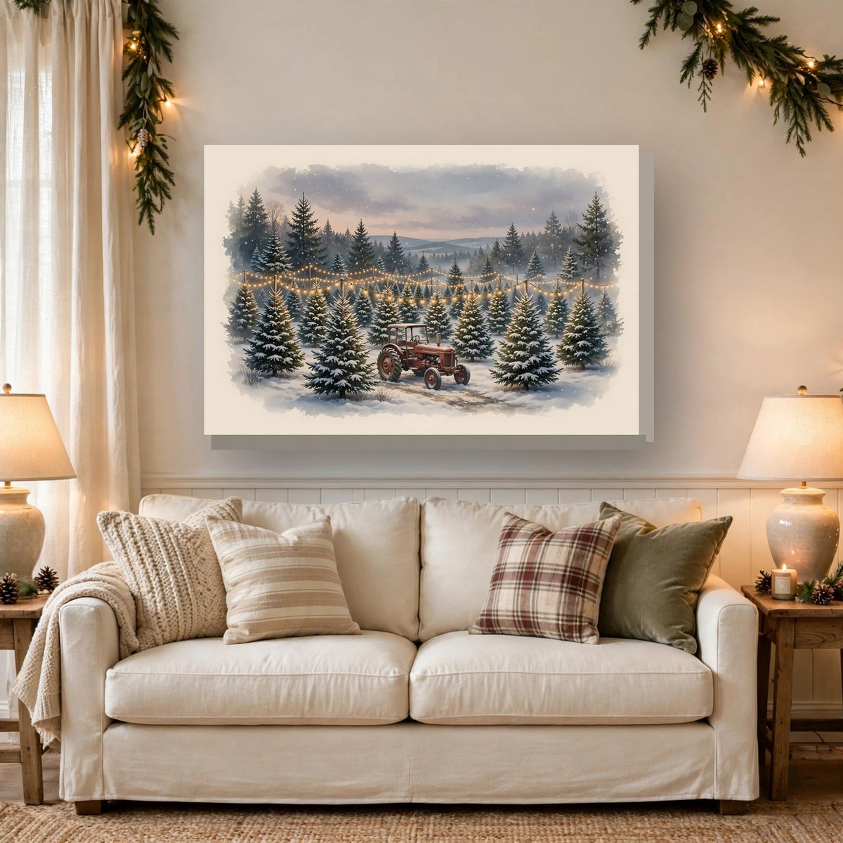 Christmas Tree Farm at Dusk Canvas Wall Art hanging above a sofa