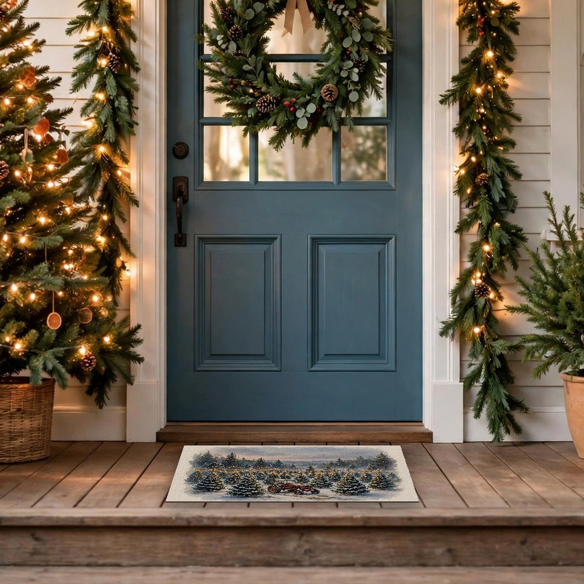 Christmas Tree Farm at Dusk Doormat at a front door