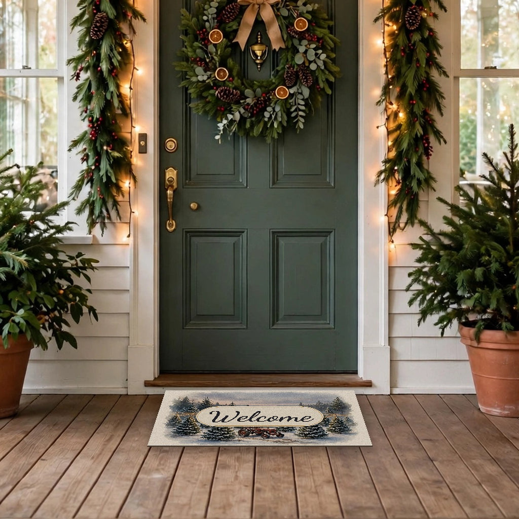 Christmas Tree Farm at Dusk Welcome Doormat at a front door