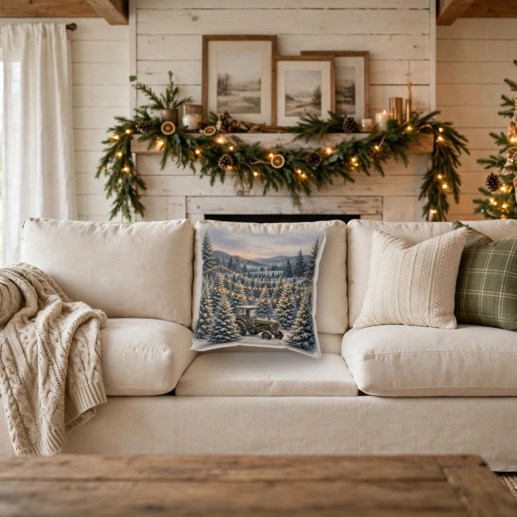Christmas Tree Farm at Dusk Throw Pillow on a cozy sofa