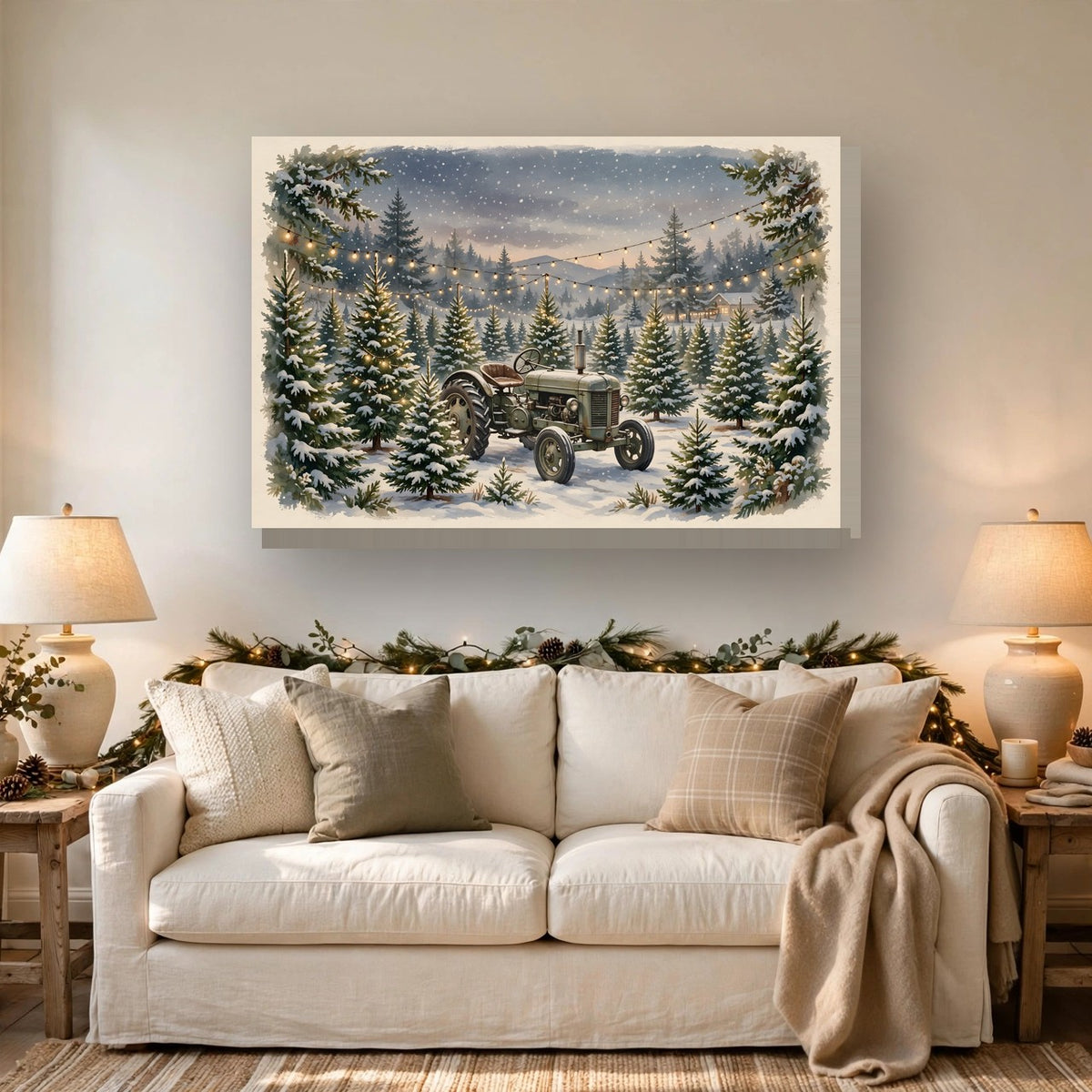 Christmas Tree Farm at Dusk Canvas Wall Art – Style 2 hanging above a sofa