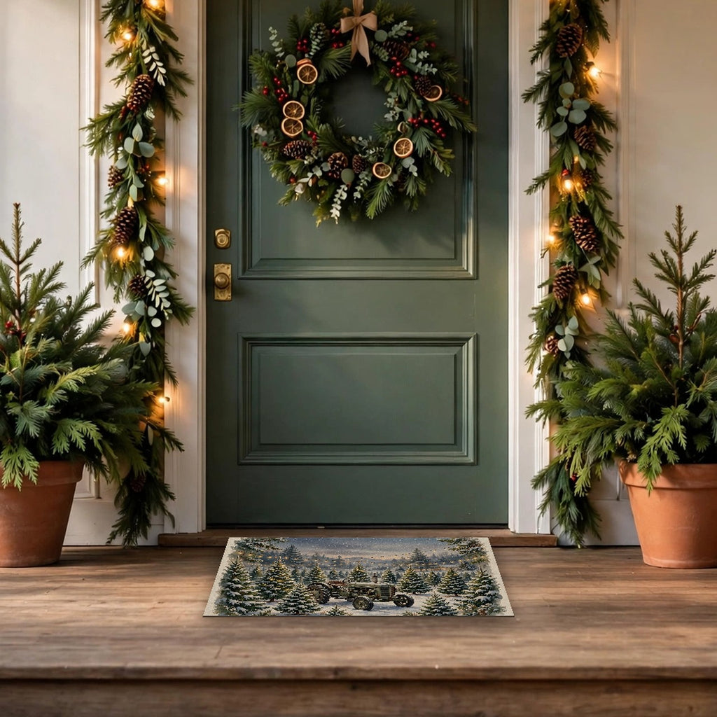 Christmas Tree Farm at Dusk Doormat – Style 2 at a front door