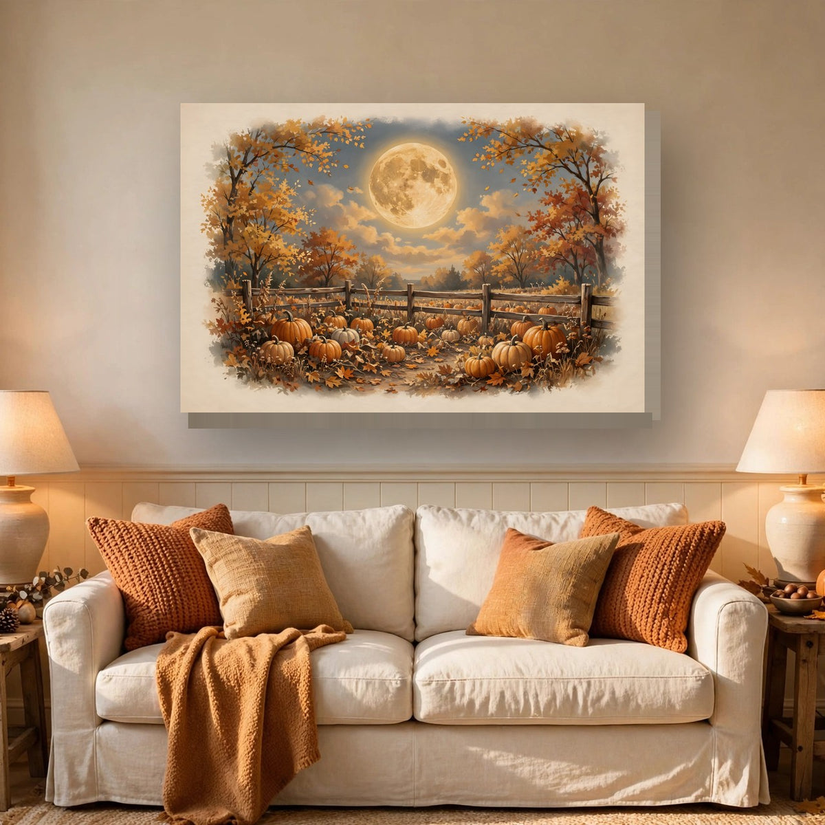 Harvest Moon over the Pumpkin Patch Canvas Wall Art hanging above a sofa