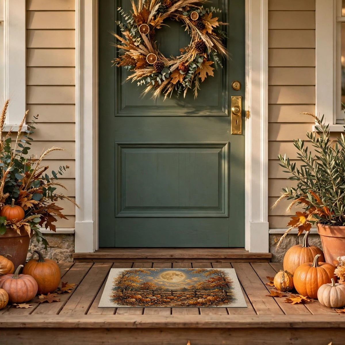 Harvest Moon over the Pumpkin Patch Doormat at a front door
