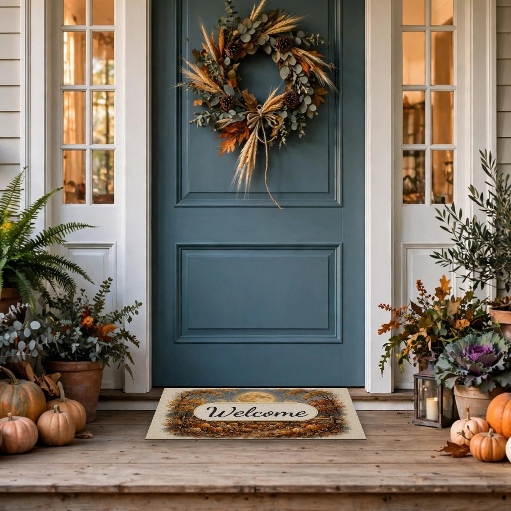 Harvest Moon over the Pumpkin Patch Welcome Doormat at a front door
