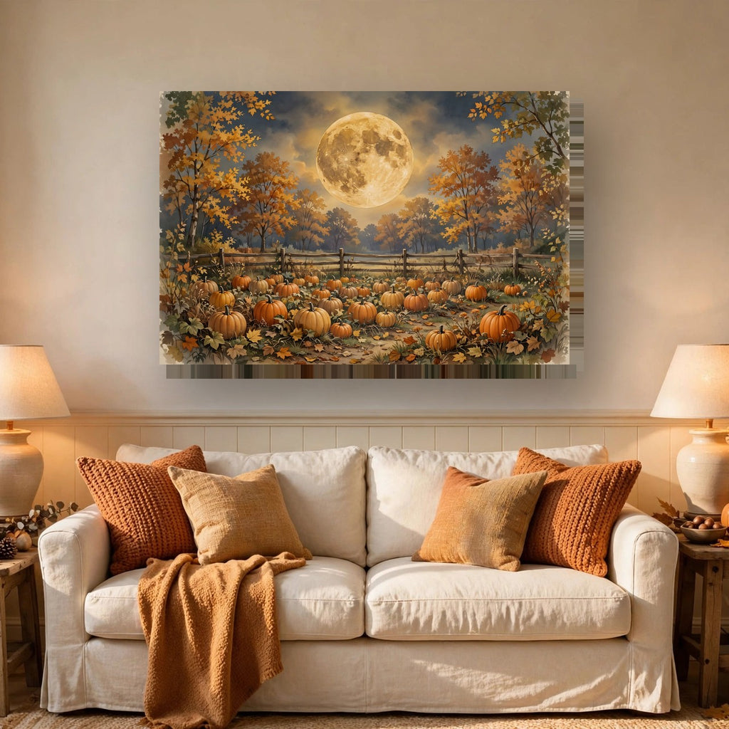 Harvest Moon over the Pumpkin Patch Canvas Wall Art – Style 2 hanging above a sofa