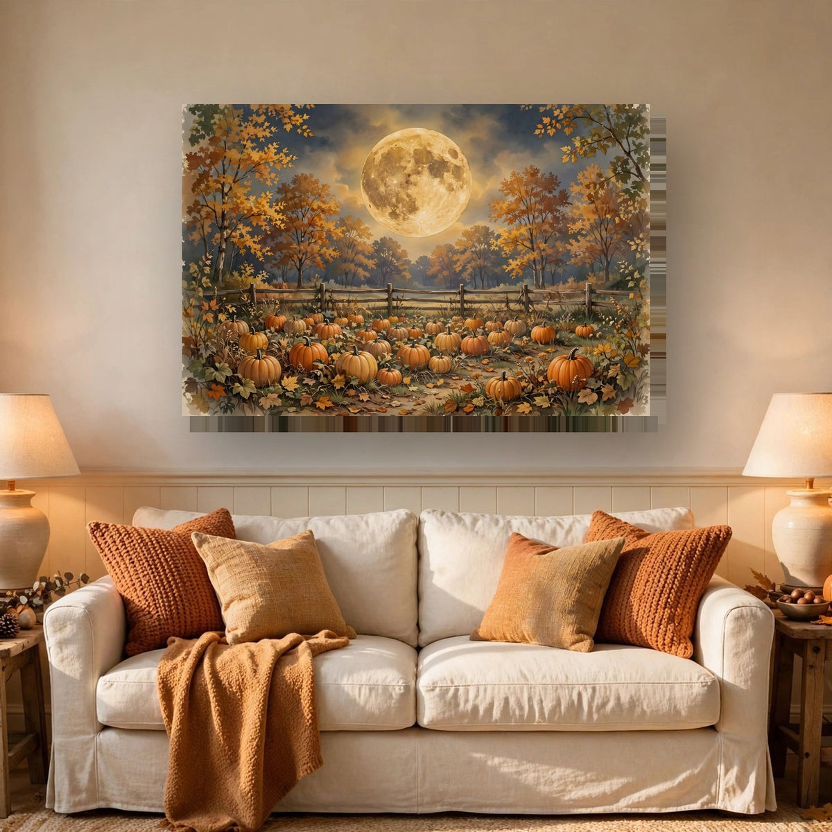 Harvest Moon over the Pumpkin Patch Canvas Wall Art – Style 2 hanging above a sofa