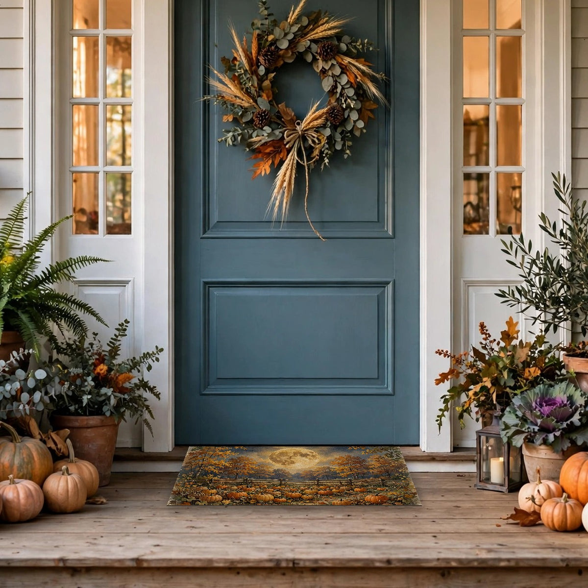Harvest Moon over the Pumpkin Patch Doormat – Style 2 at a front door