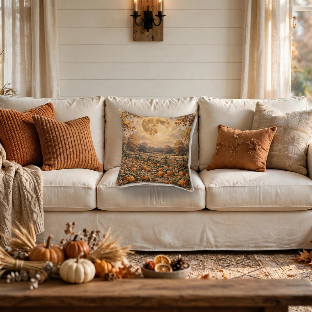 Harvest Moon over the Pumpkin Patch Throw Pillow on a cozy sofa