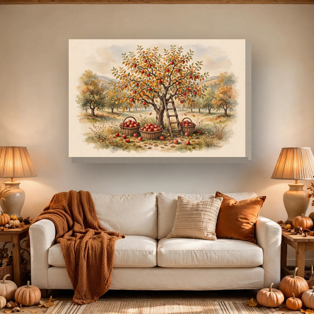 Apple Orchard in Autumn Canvas Wall Art hanging above a sofa
