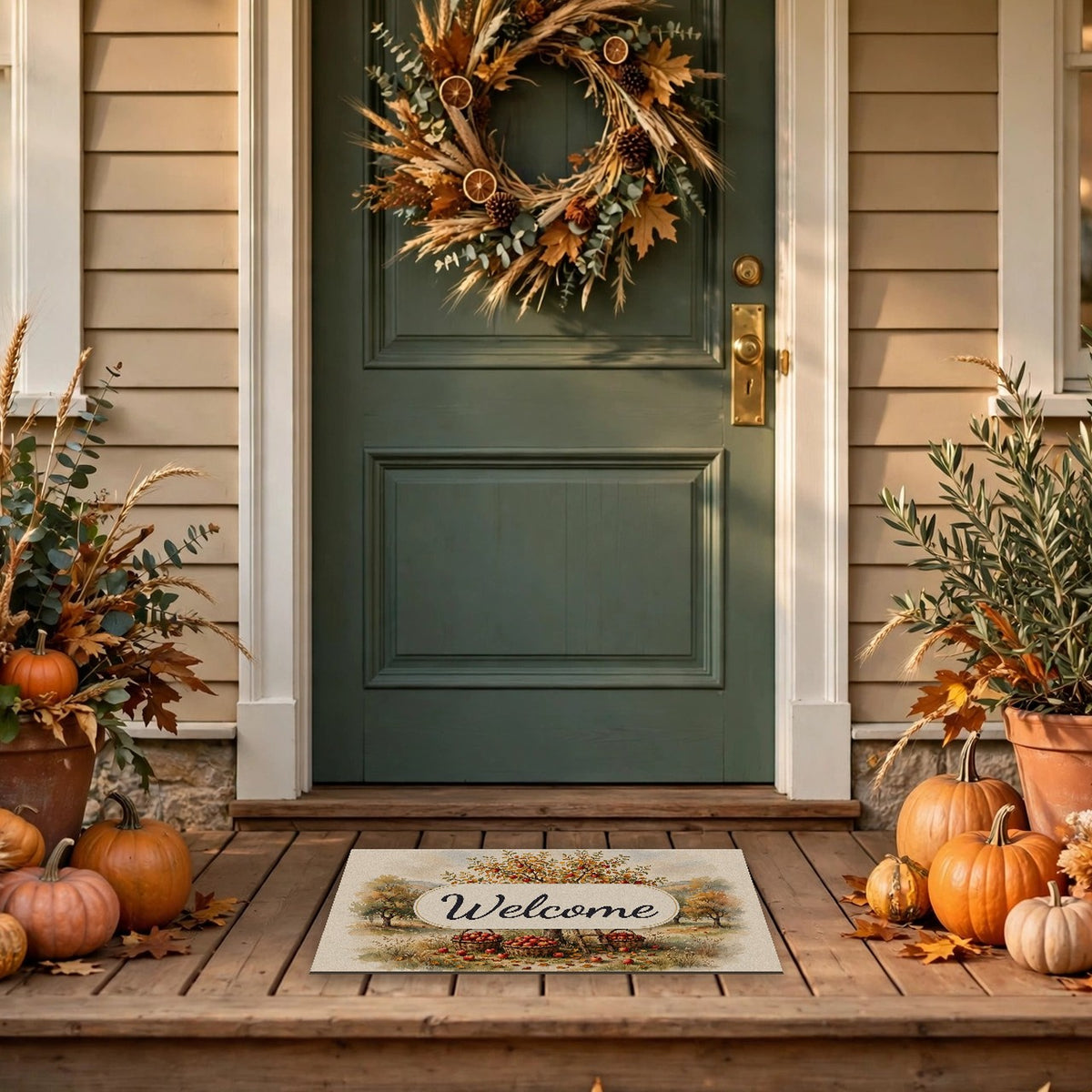 Apple Orchard in Autumn Welcome Doormat at a front door