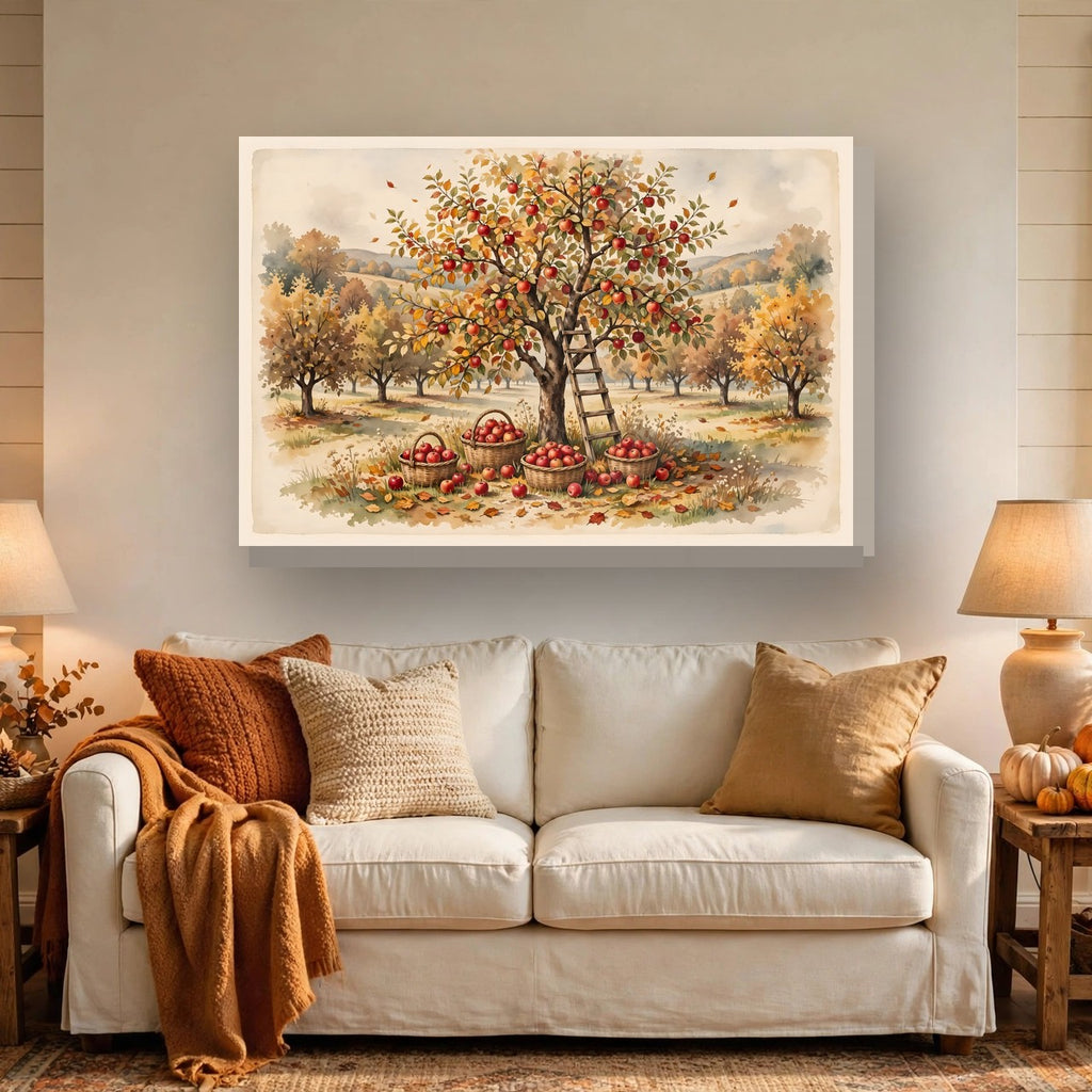 Apple Orchard in Autumn Canvas Wall Art – Style 2 hanging above a sofa