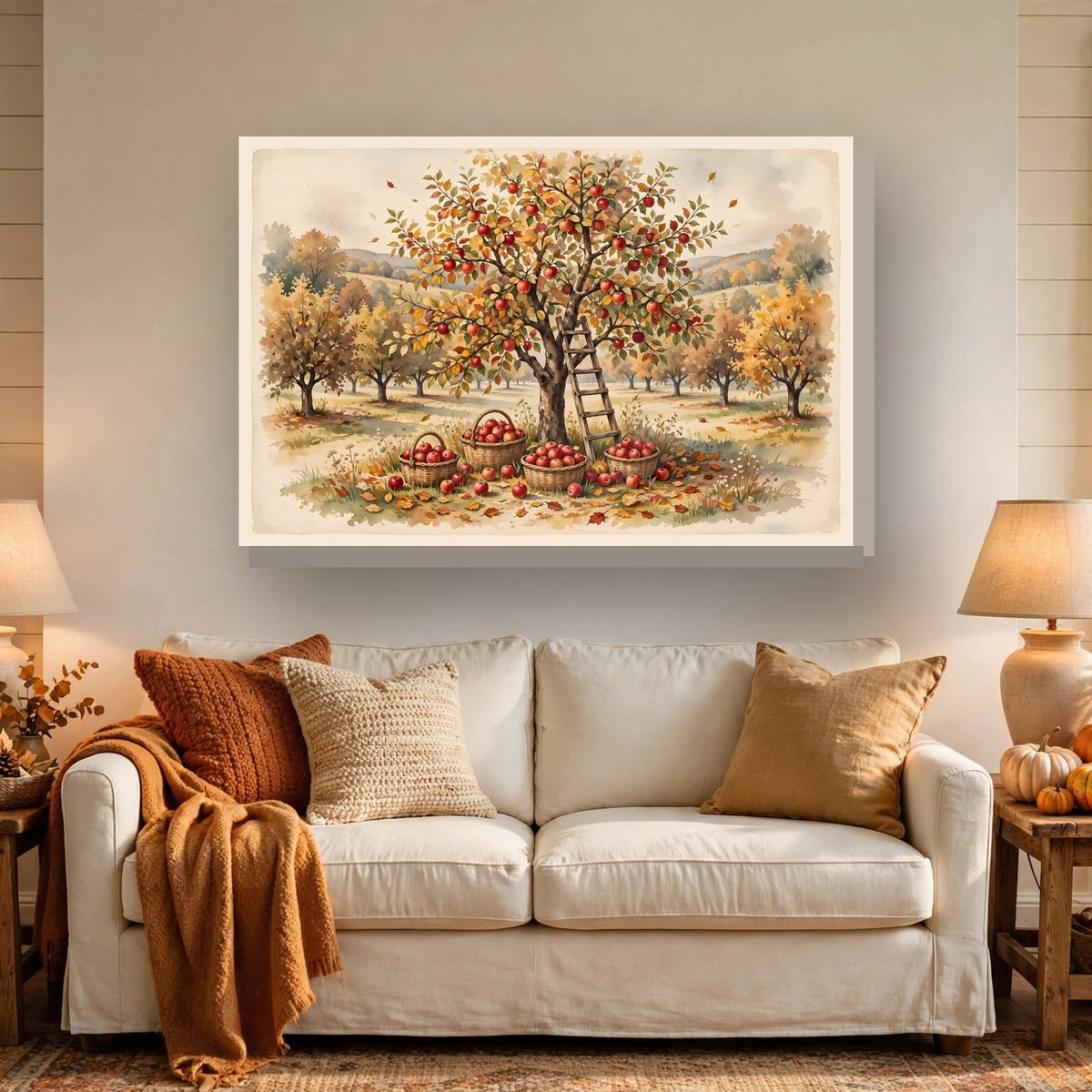 Apple Orchard in Autumn Canvas Wall Art – Style 2 hanging above a sofa