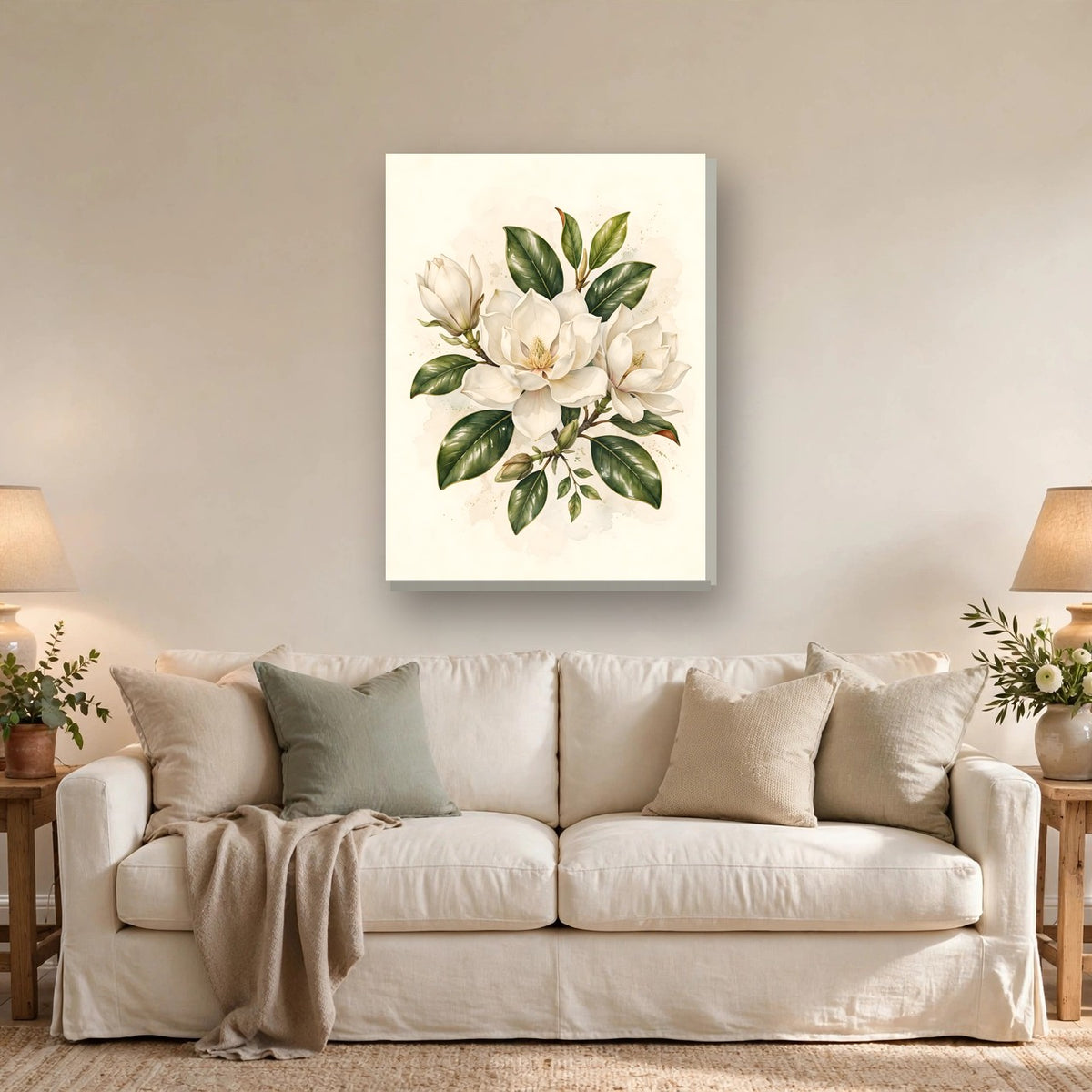 Magnolia Blossoms Canvas Wall Art hanging above a sofa