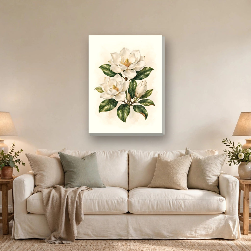 Magnolia Blossoms Canvas Wall Art – Style 2 hanging above a sofa