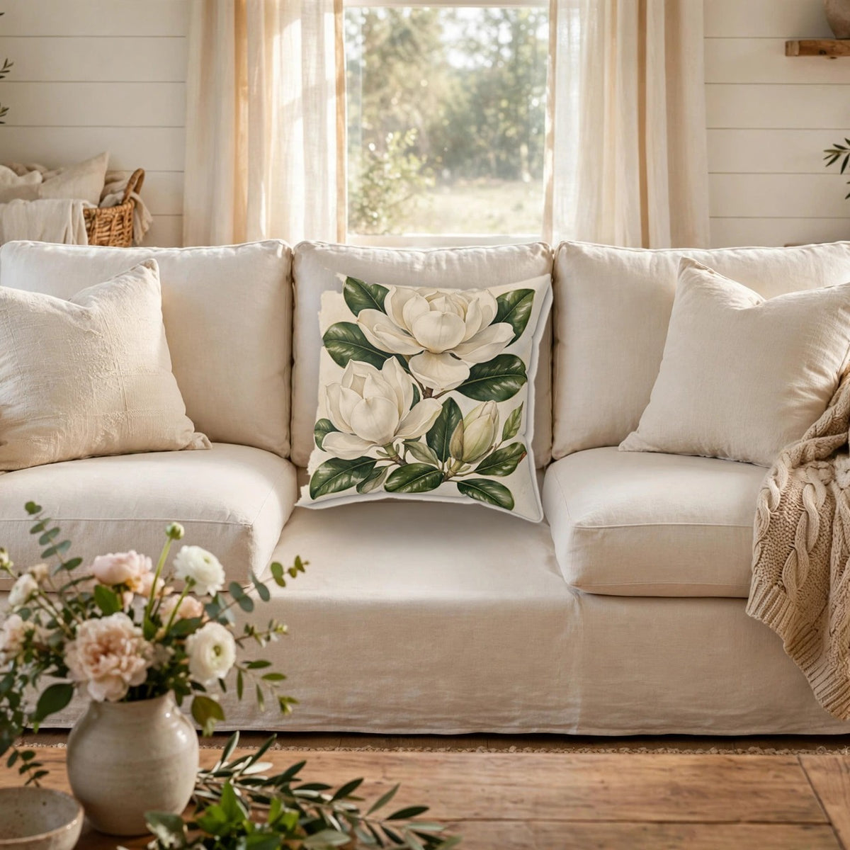 Magnolia Blossoms Throw Pillow – Style 2 on a cozy sofa