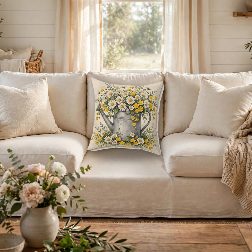 Daisies in a Watering Can Throw Pillow on a cozy sofa