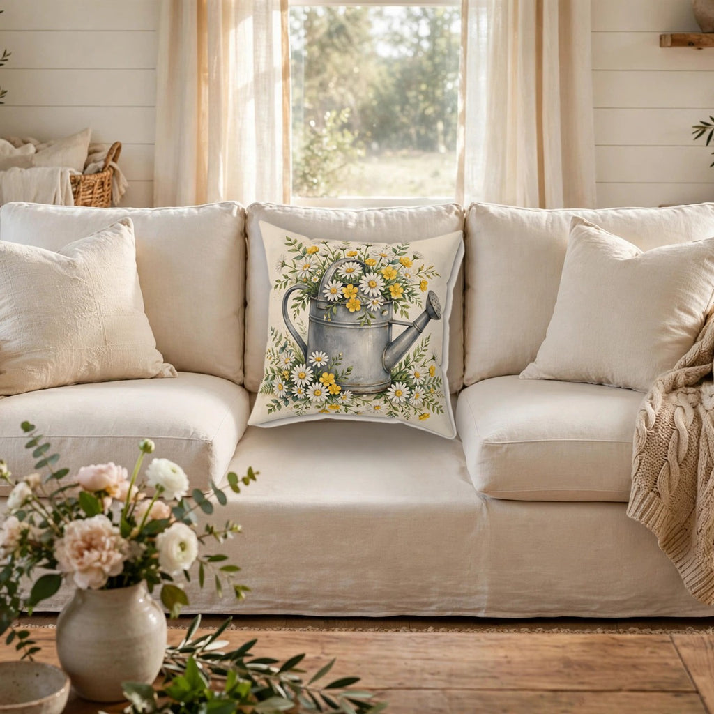 Daisies in a Watering Can Throw Pillow – Style 2 on a cozy sofa