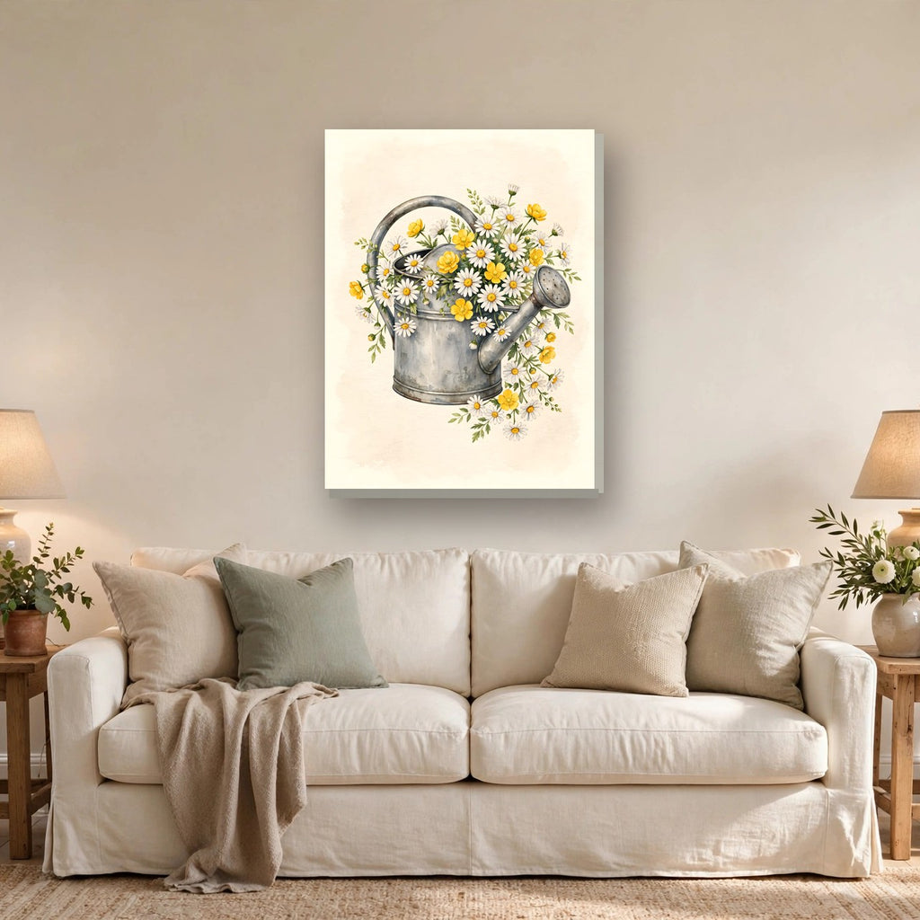 Daisies in a Watering Can Canvas Wall Art hanging above a sofa