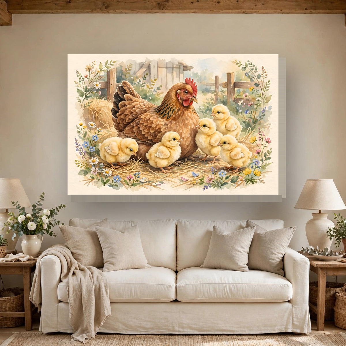 Hen and Chicks in the Barnyard Canvas Wall Art hanging above a sofa