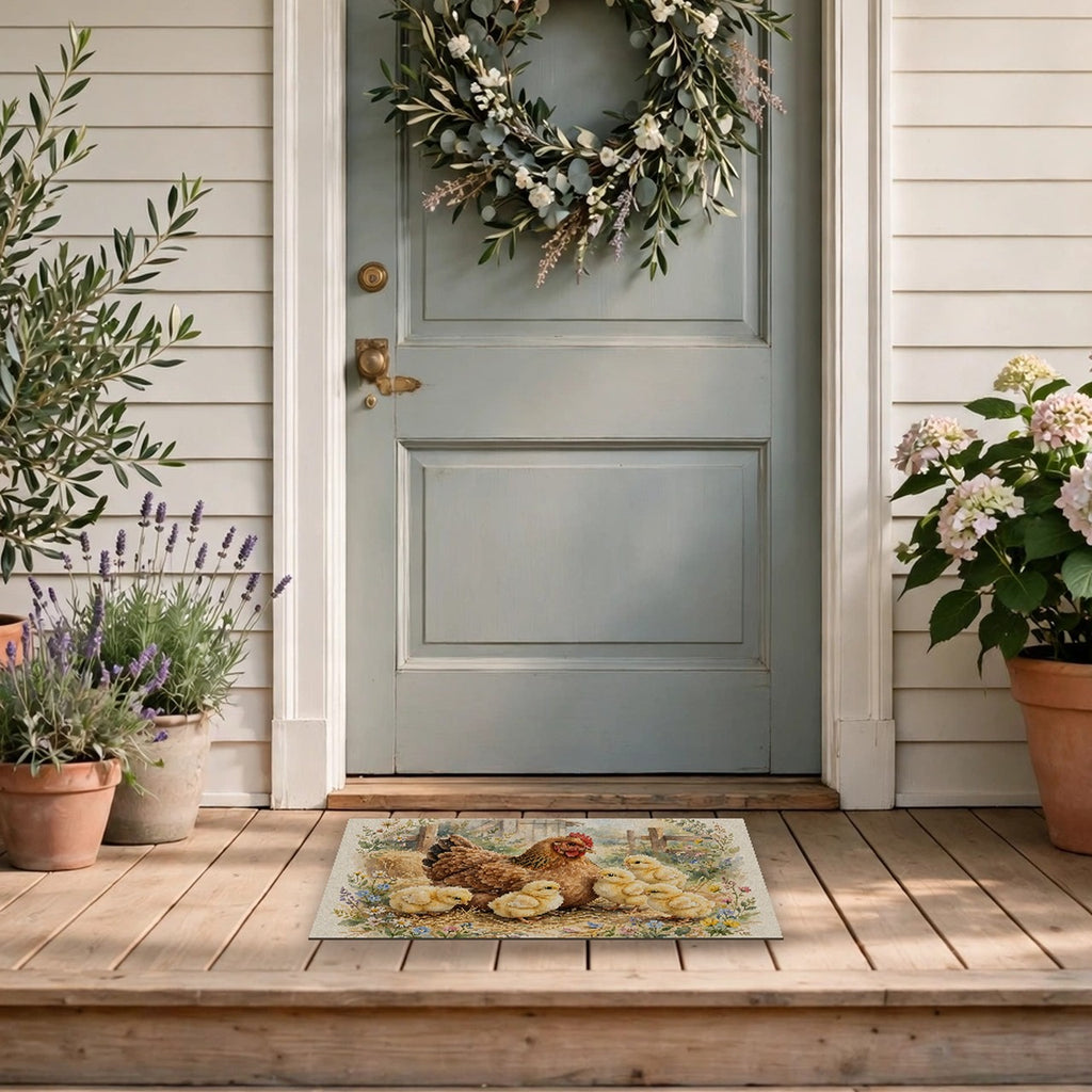 Hen and Chicks in the Barnyard Doormat at a front door