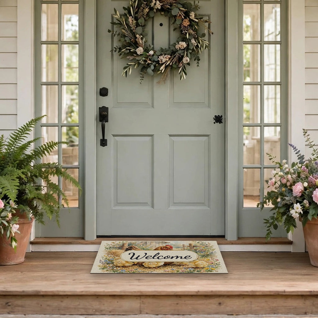 Hen and Chicks in the Barnyard Welcome Doormat at a front door