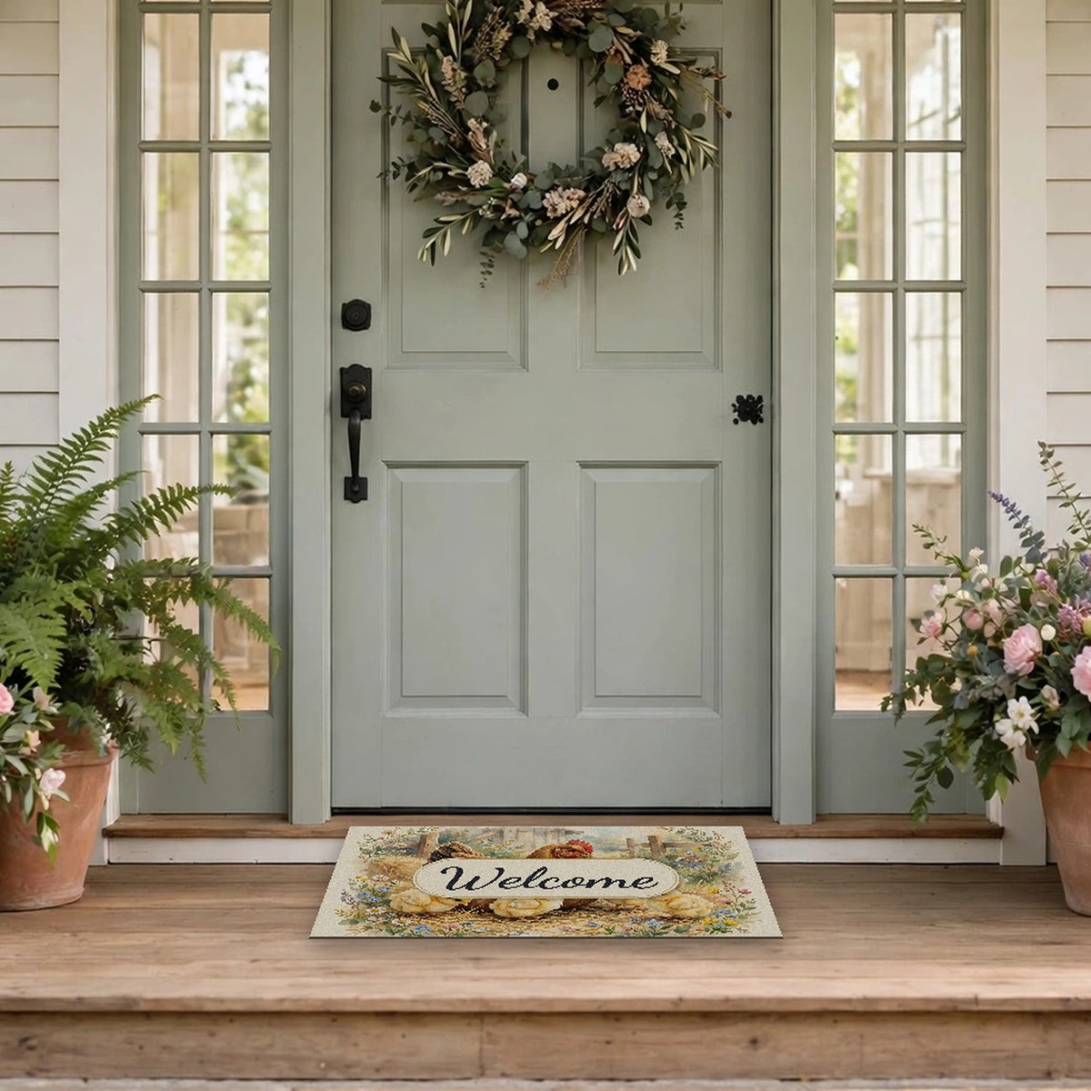 Hen and Chicks in the Barnyard Welcome Doormat at a front door