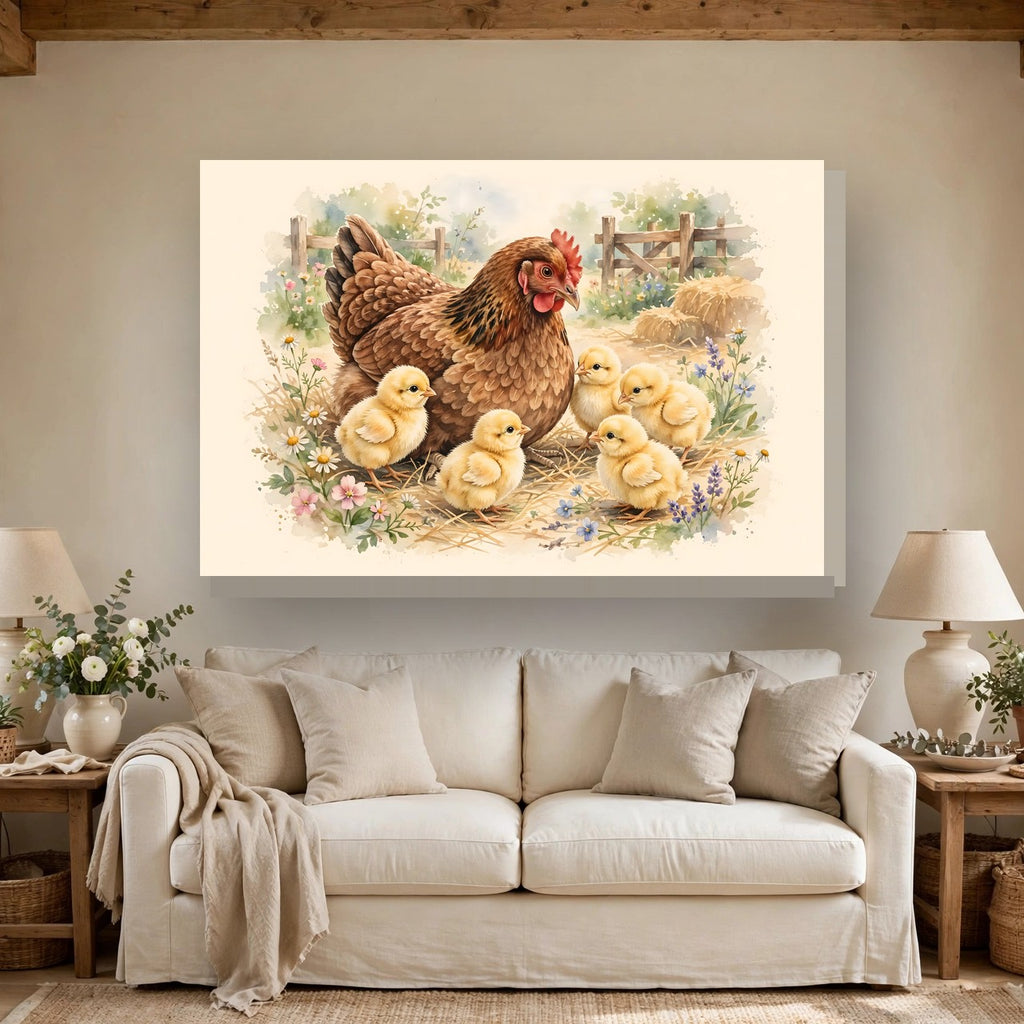 Hen and Chicks in the Barnyard Canvas Wall Art – Style 2 hanging above a sofa