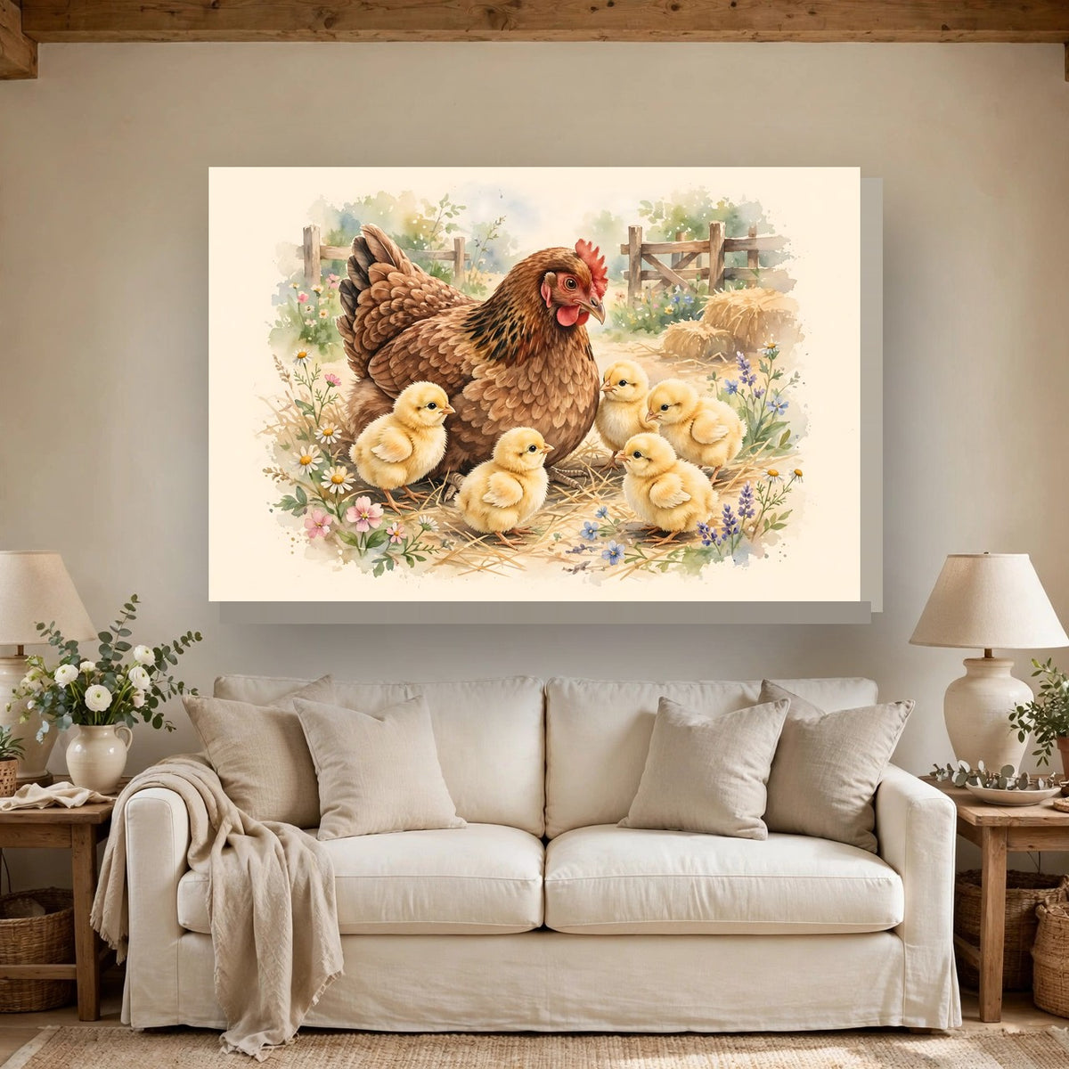 Hen and Chicks in the Barnyard Canvas Wall Art – Style 2 hanging above a sofa