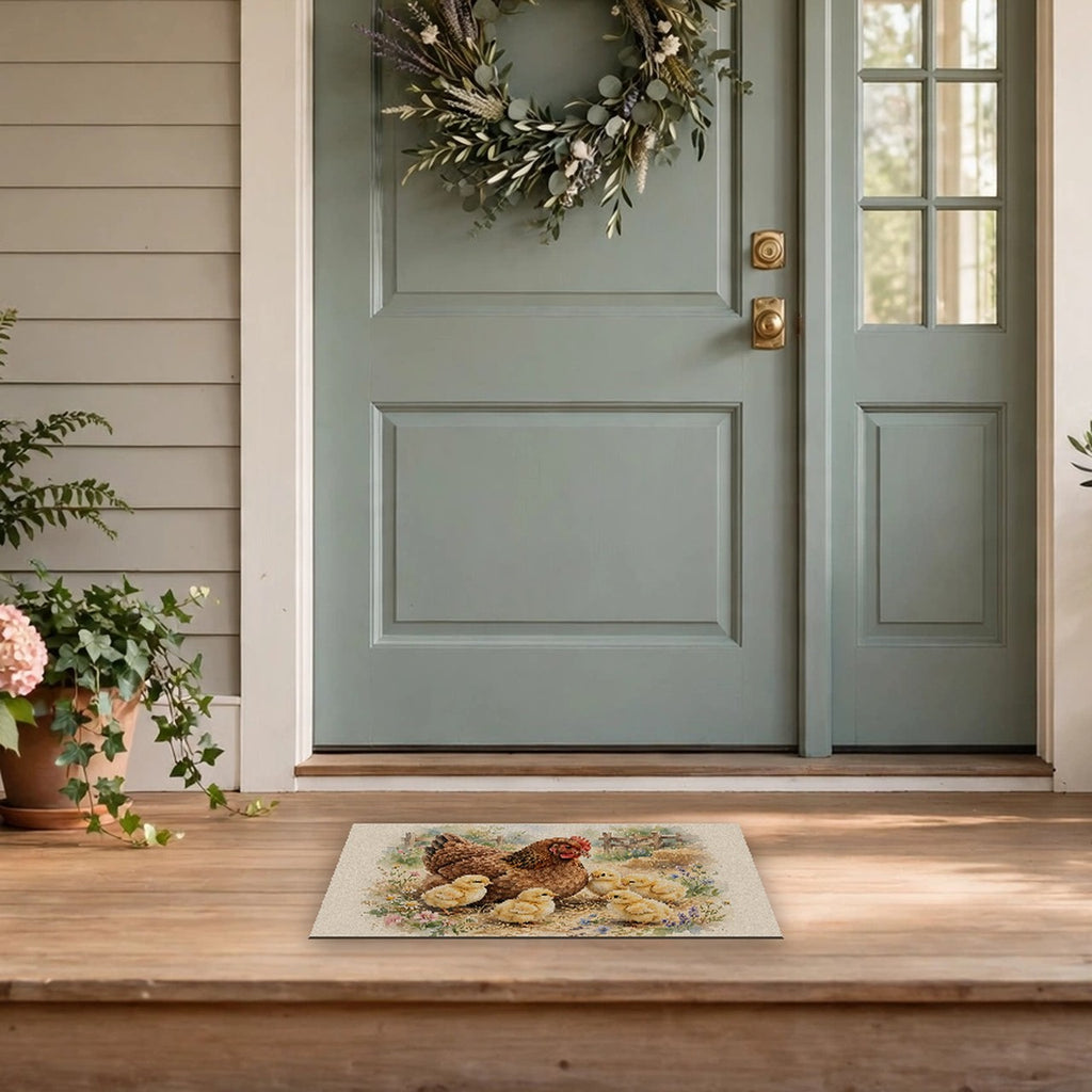 Hen and Chicks in the Barnyard Doormat – Style 2 at a front door