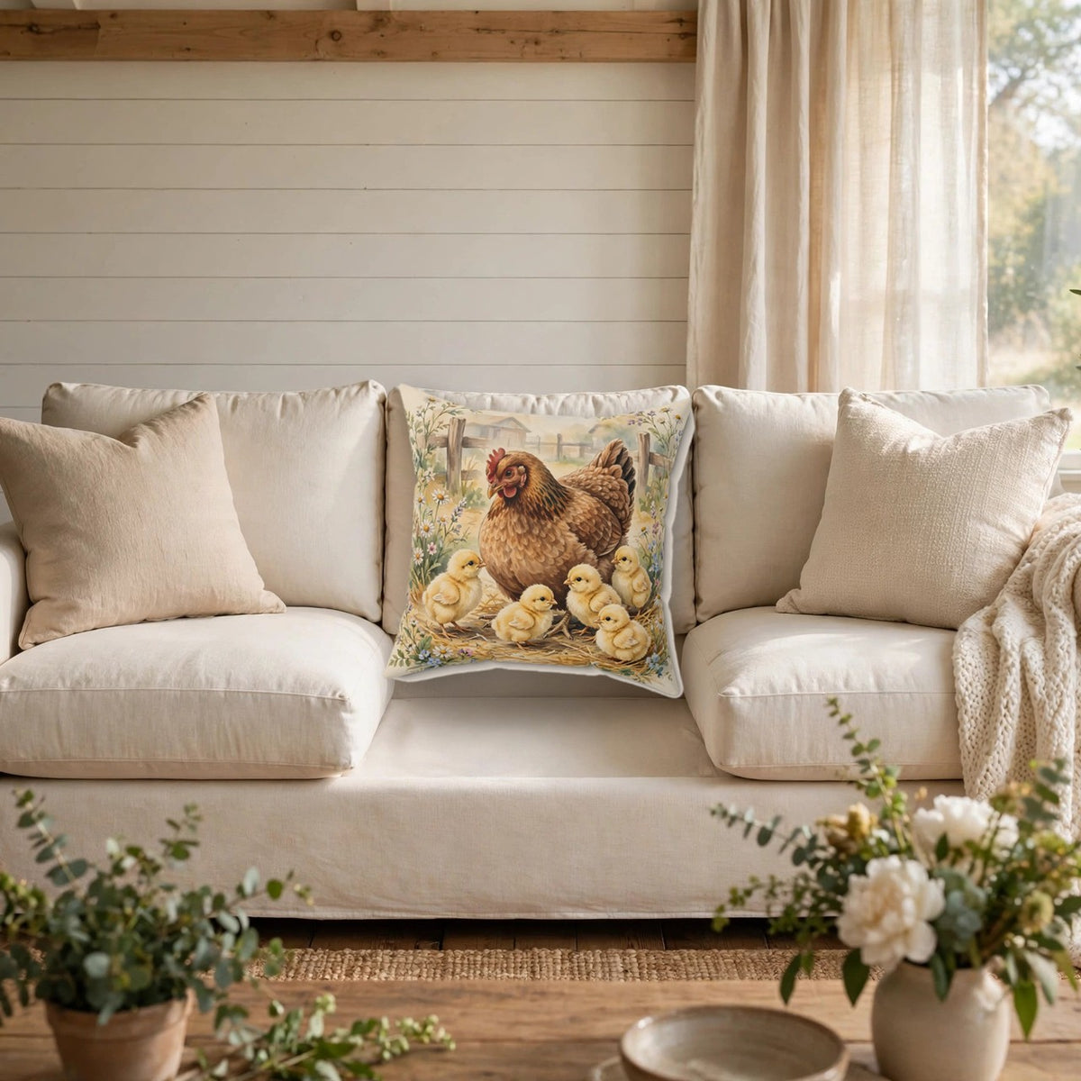 Hen and Chicks in the Barnyard Throw Pillow on a cozy sofa