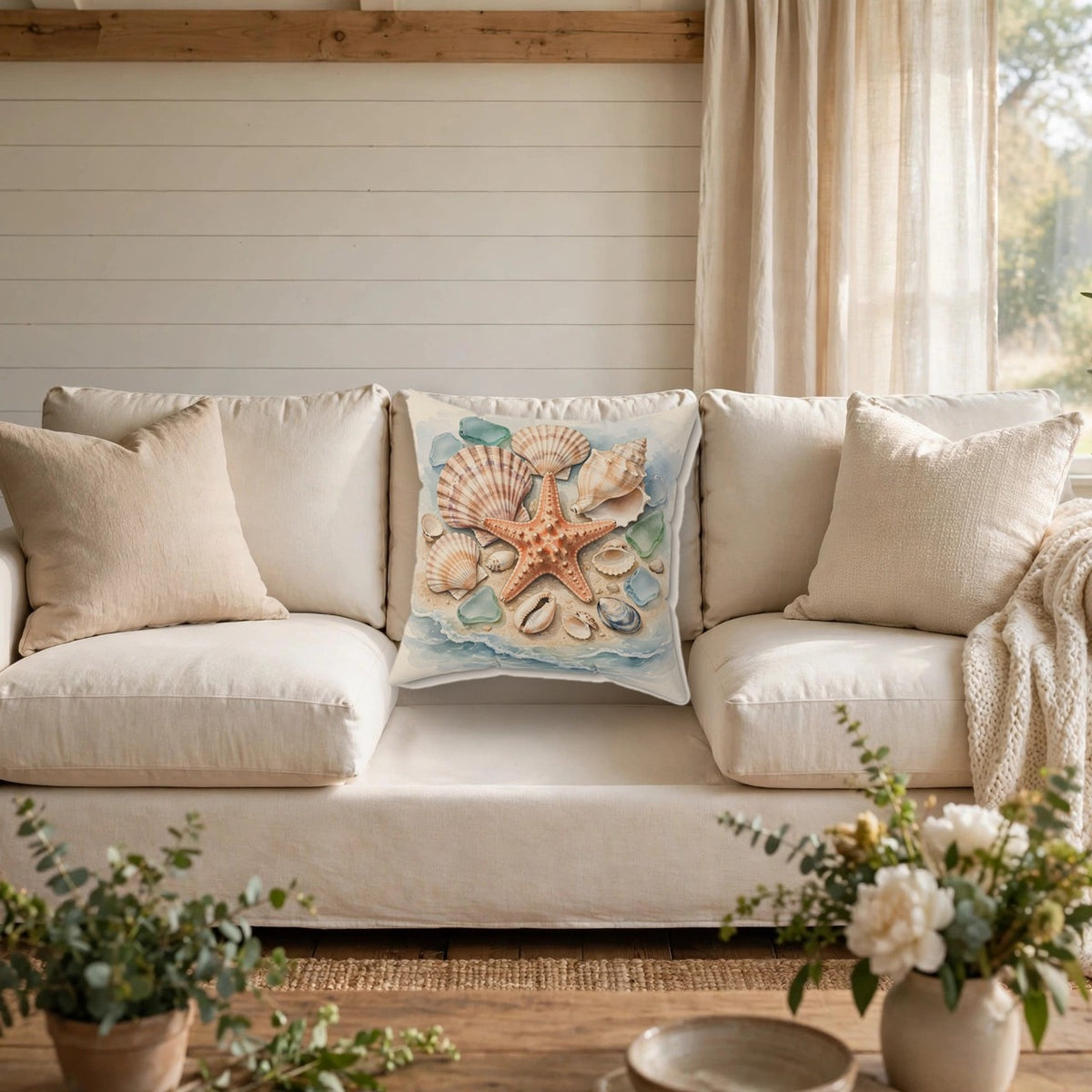 Seashells and Starfish Throw Pillow on a cozy sofa