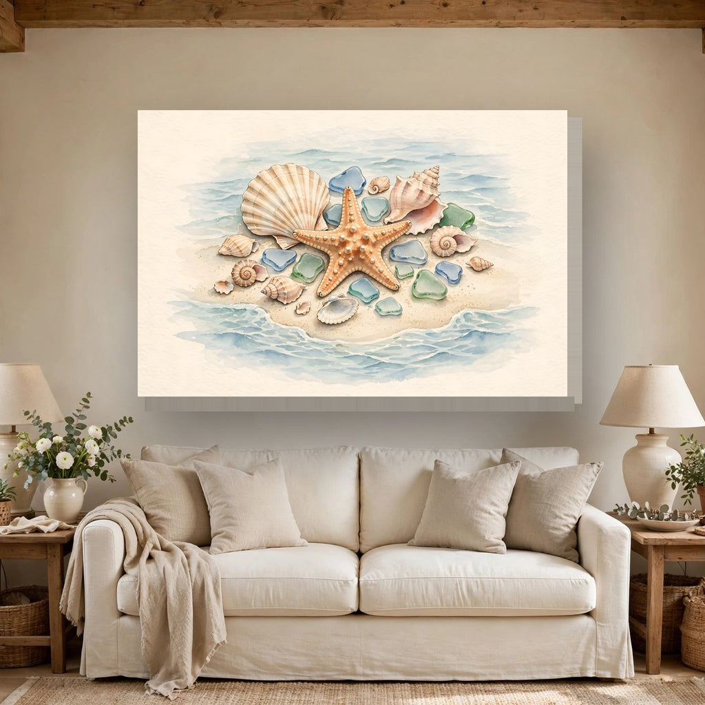 Seashells and Starfish Canvas Wall Art hanging above a sofa