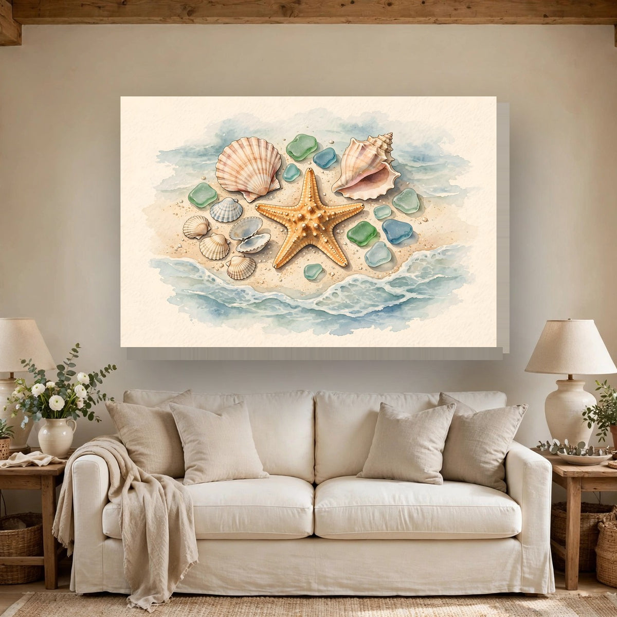 Seashells and Starfish Canvas Wall Art – Style 2 hanging above a sofa