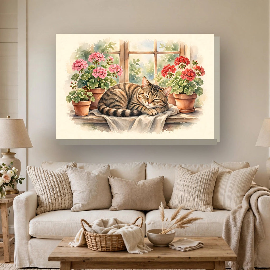 Tabby Cat in the Window Garden Canvas Wall Art hanging above a sofa