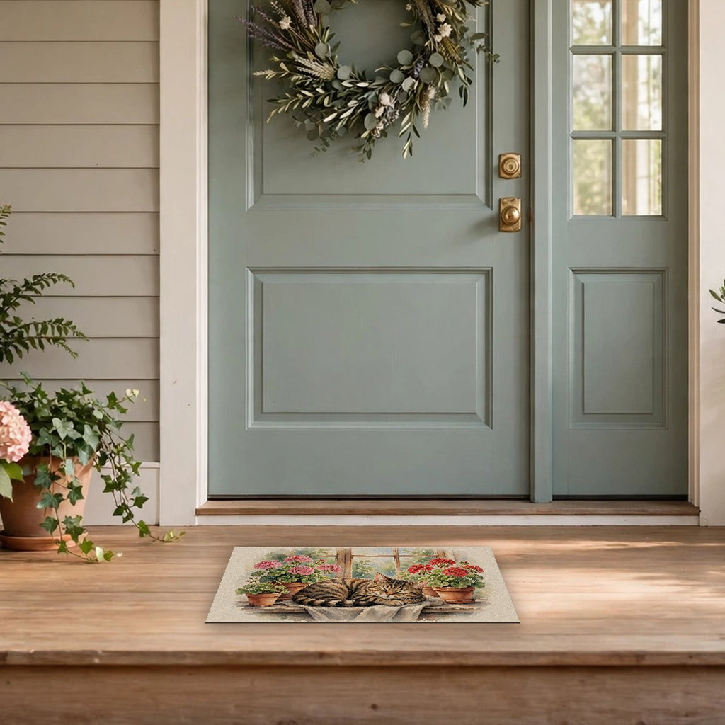 Tabby Cat in the Window Garden Doormat at a front door