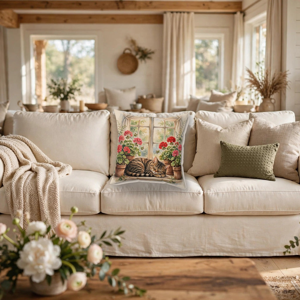 Tabby Cat in the Window Garden Throw Pillow on a cozy sofa