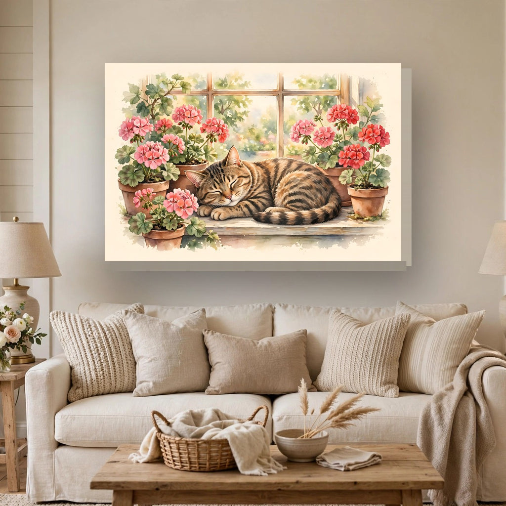 Tabby Cat in the Window Garden Canvas Wall Art – Style 2 hanging above a sofa