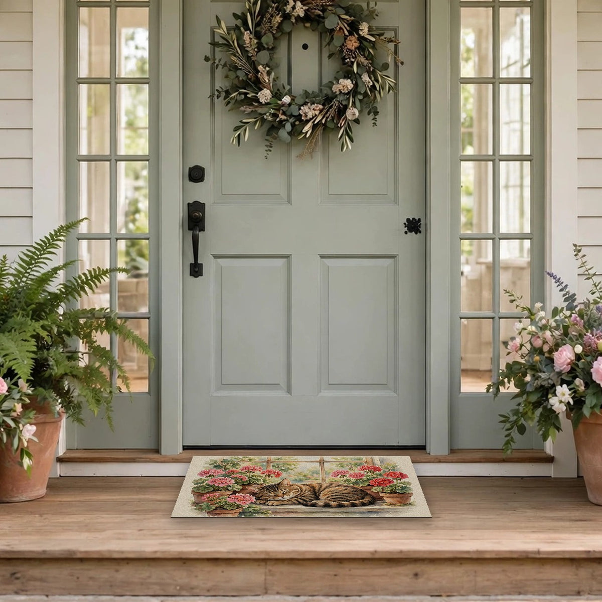 Tabby Cat in the Window Garden Doormat – Style 2 at a front door