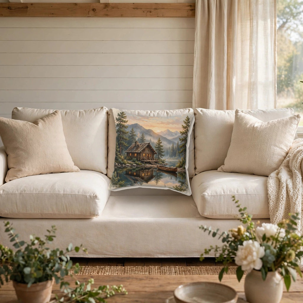 Mountain Cabin by the Lake Throw Pillow on a cozy sofa