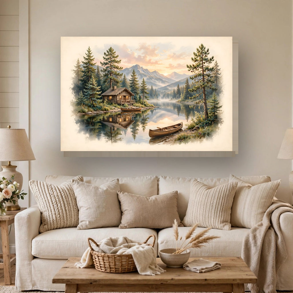 Mountain Cabin by the Lake Canvas Wall Art hanging above a sofa