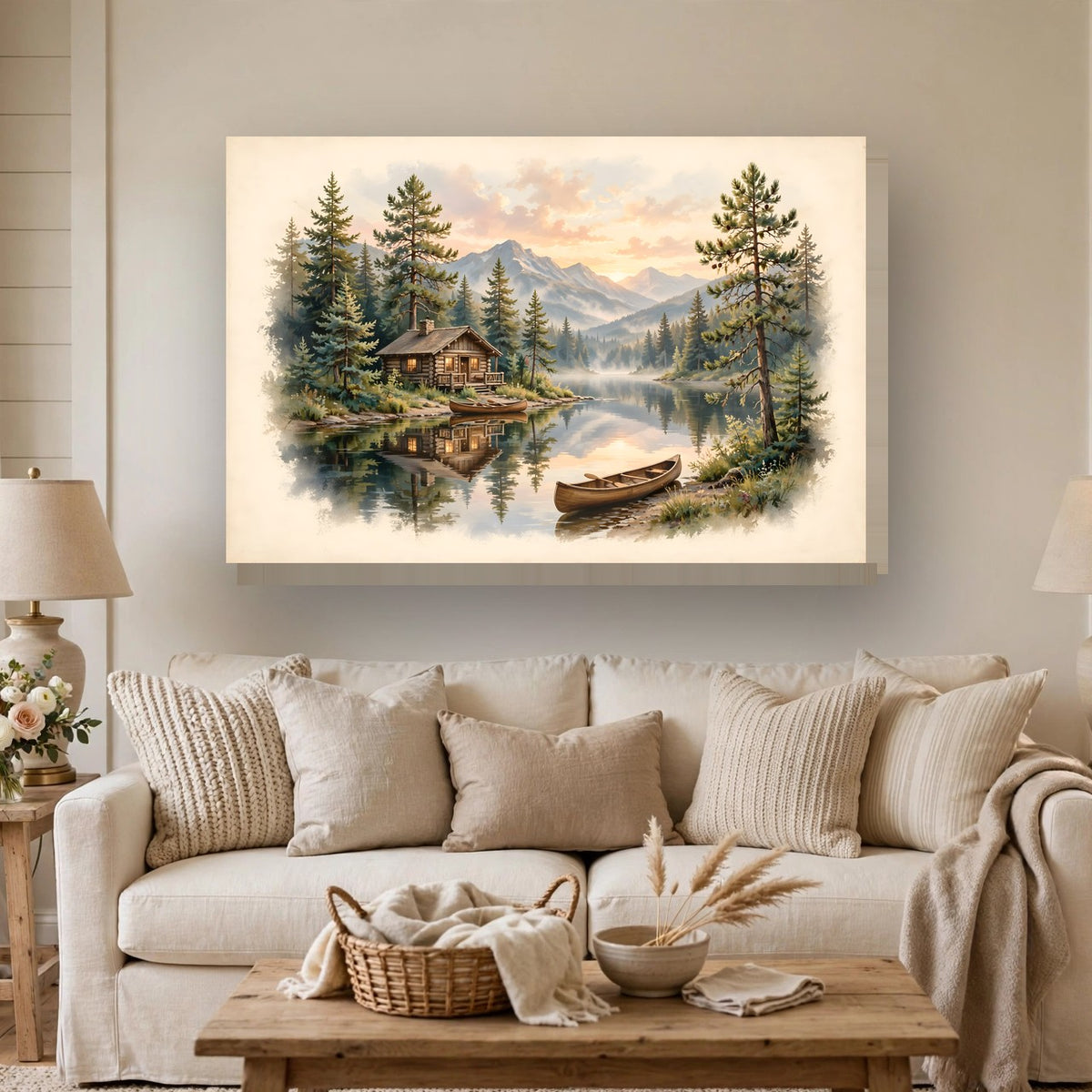 Mountain Cabin by the Lake Canvas Wall Art hanging above a sofa
