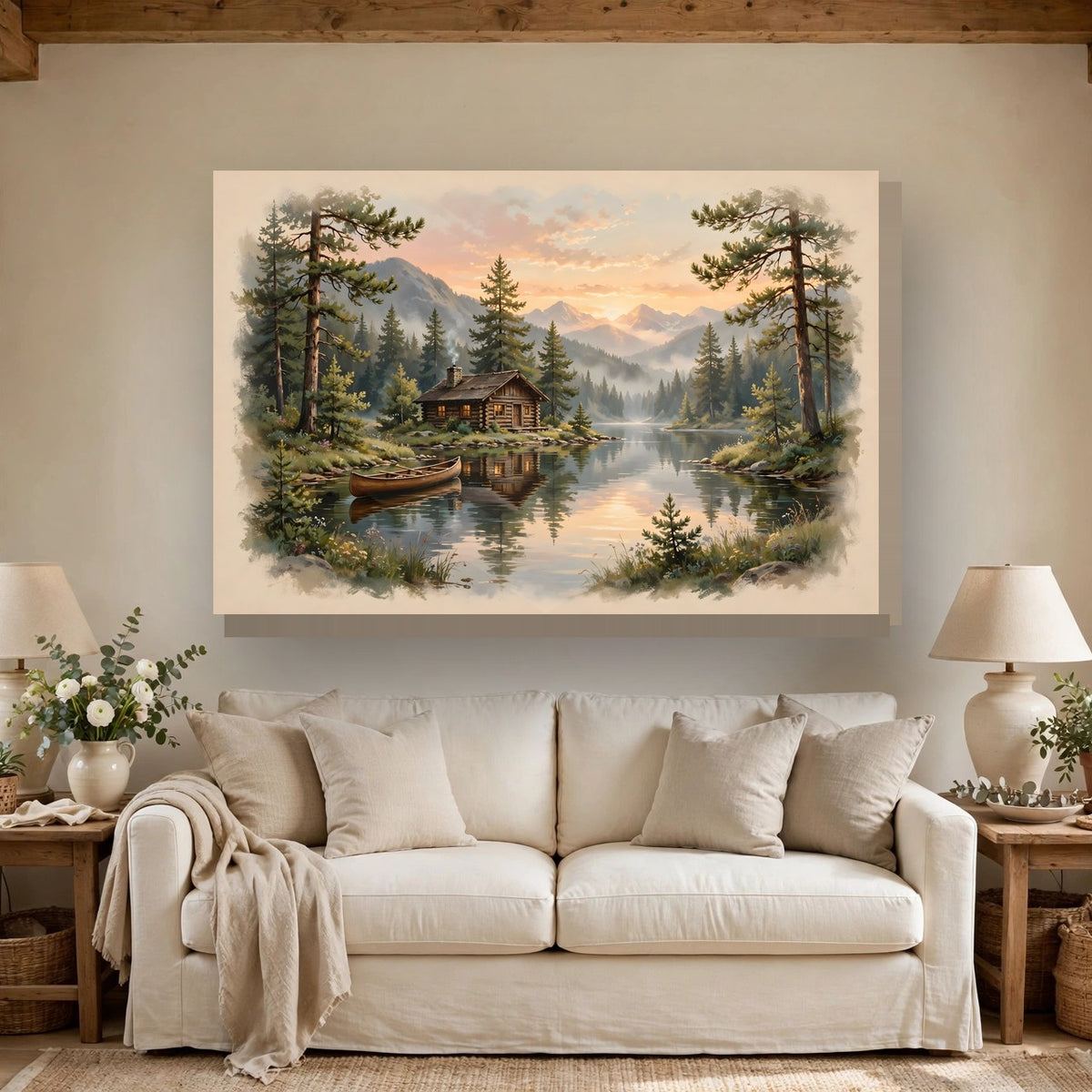 Mountain Cabin by the Lake Canvas Wall Art – Style 2 hanging above a sofa