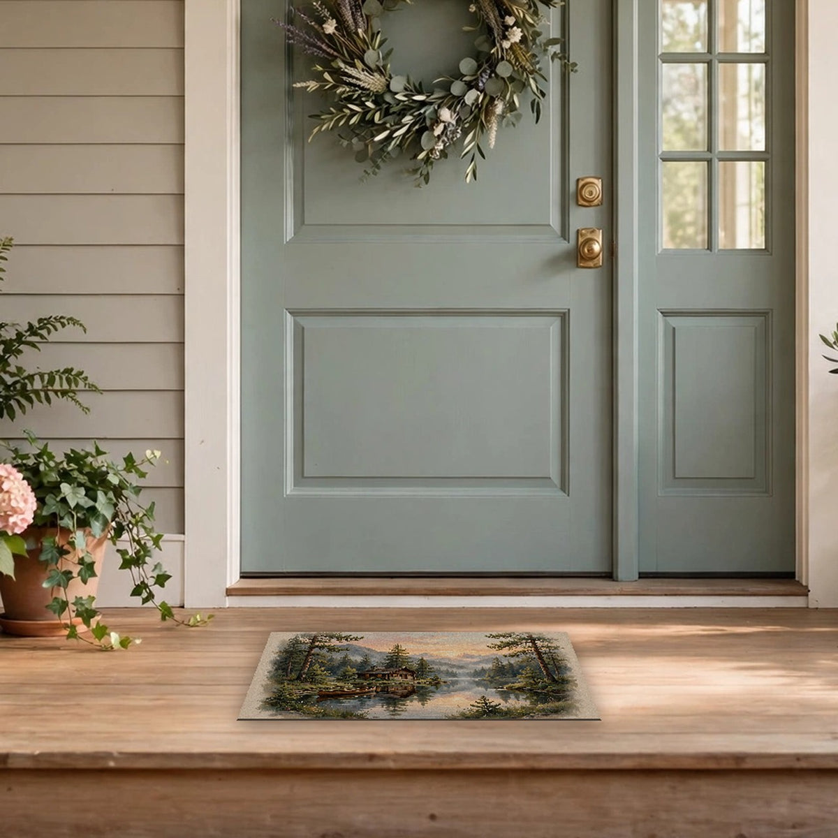 Mountain Cabin by the Lake Doormat – Style 2 at a front door