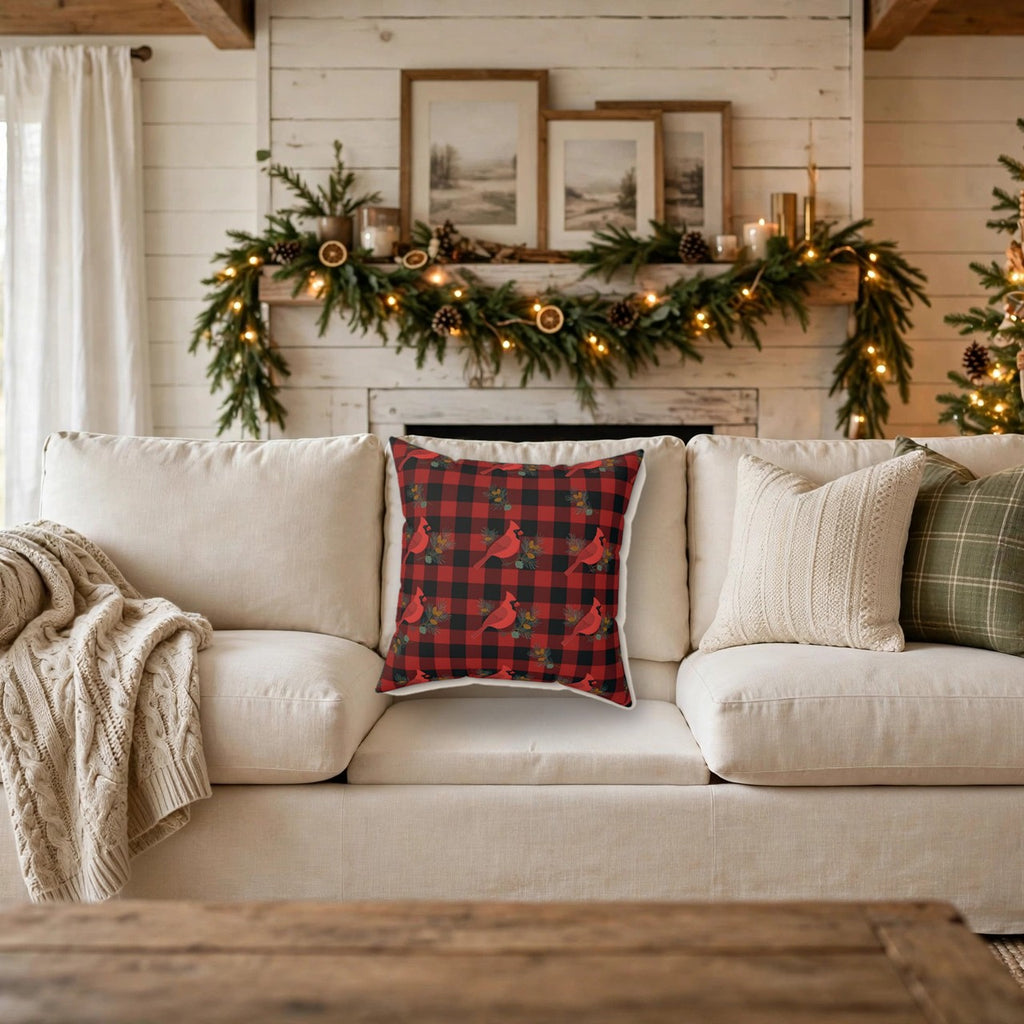 Cardinals and Buffalo Plaid Pattern Throw Pillow on a cozy sofa